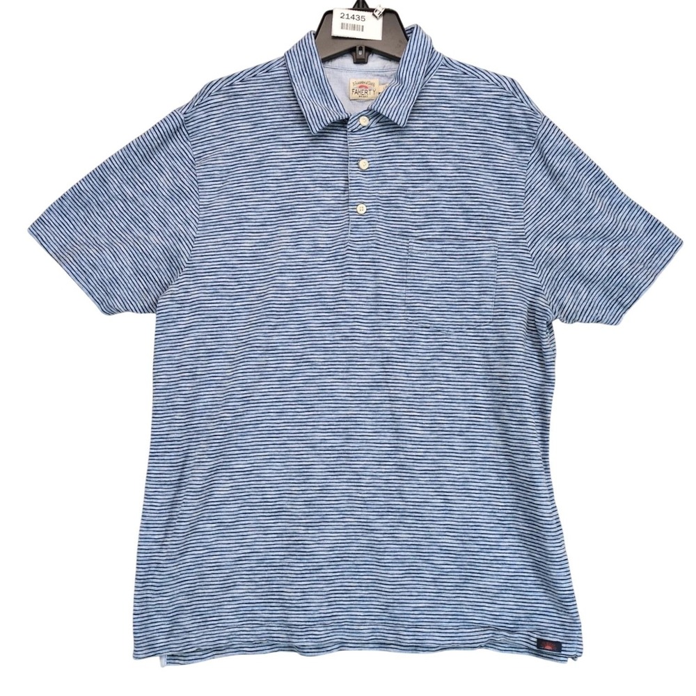 Faherty Blue Striped Polo Shirt Mens L Pocket Soft Casual Coastal Beachy Outdoor